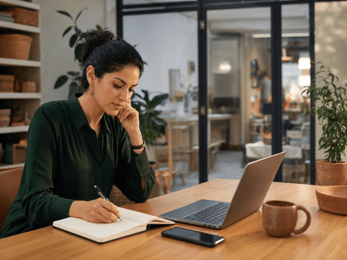 Independent business owners reviewing customer conversations and business notes
